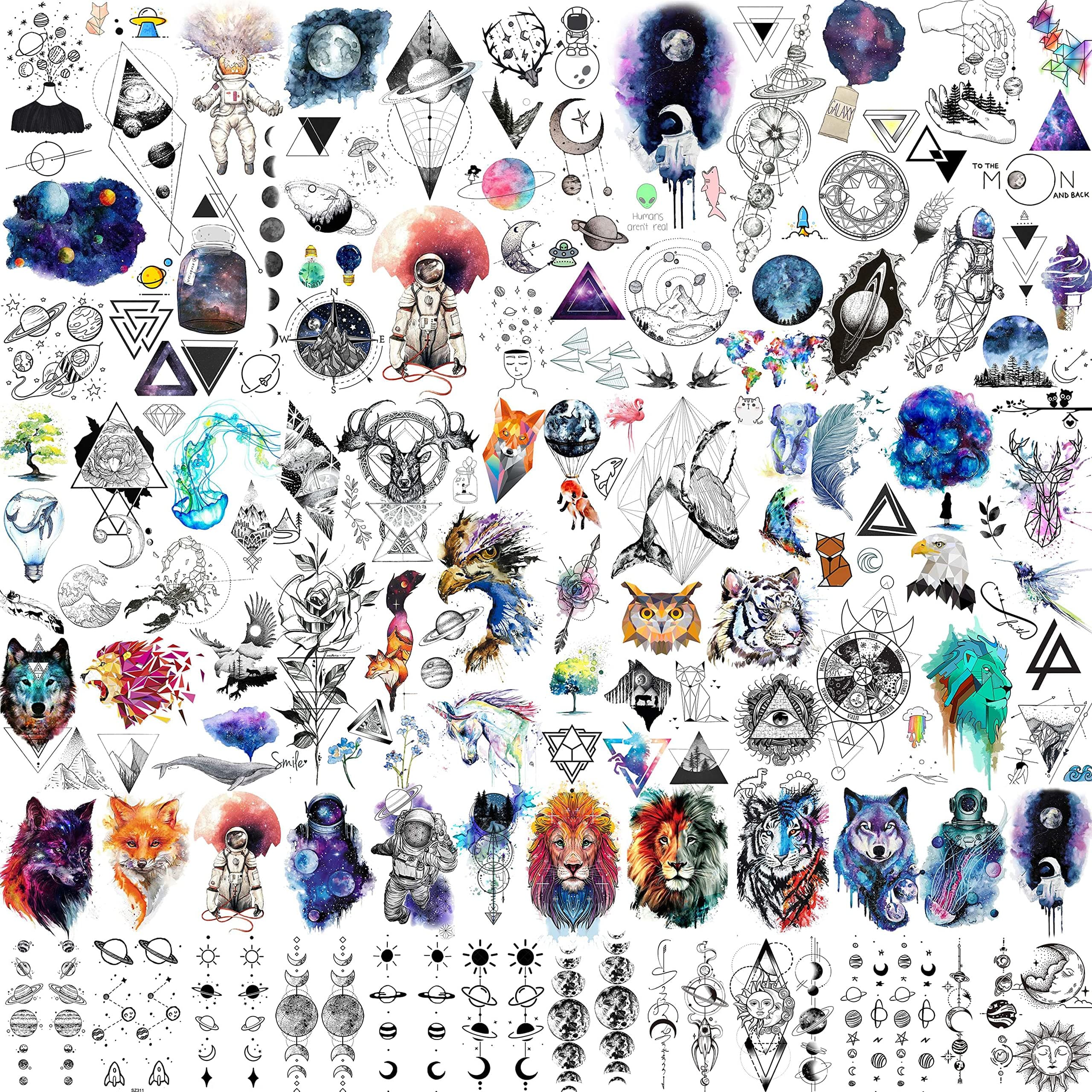 32 Sheets Cute Outer Space Temporary Tattoos For Kids Women, Watercolor Astronaut Planets Star Moon Fake Tattoo Sticker for Boys Girls Children