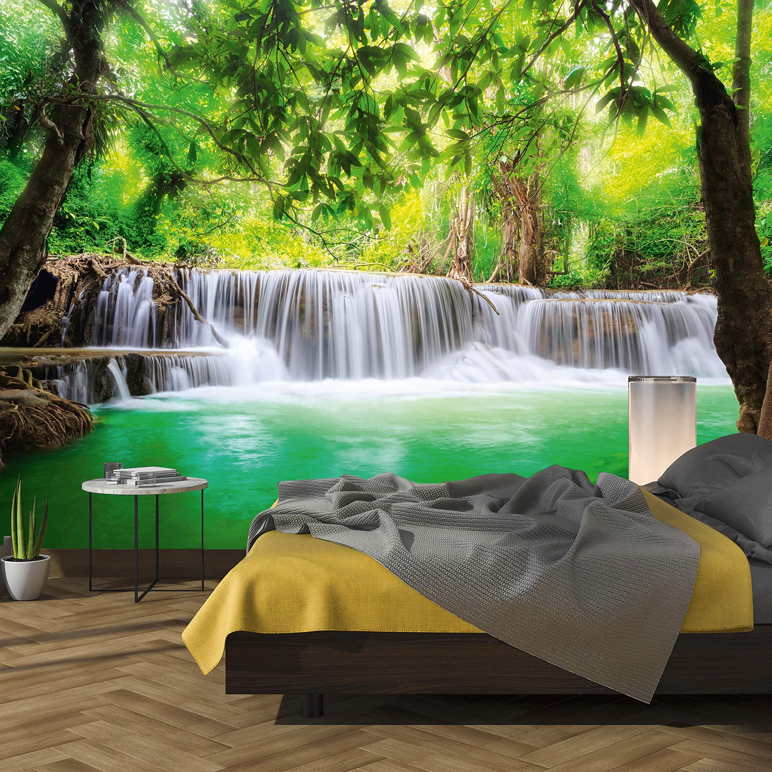 3D Waterfall Wallpaper 366 x 254 cm Glue Included Photo Wall Jungle Waterfall Forest River Bamboo Water Thailand Asia Office Children Wallpaper