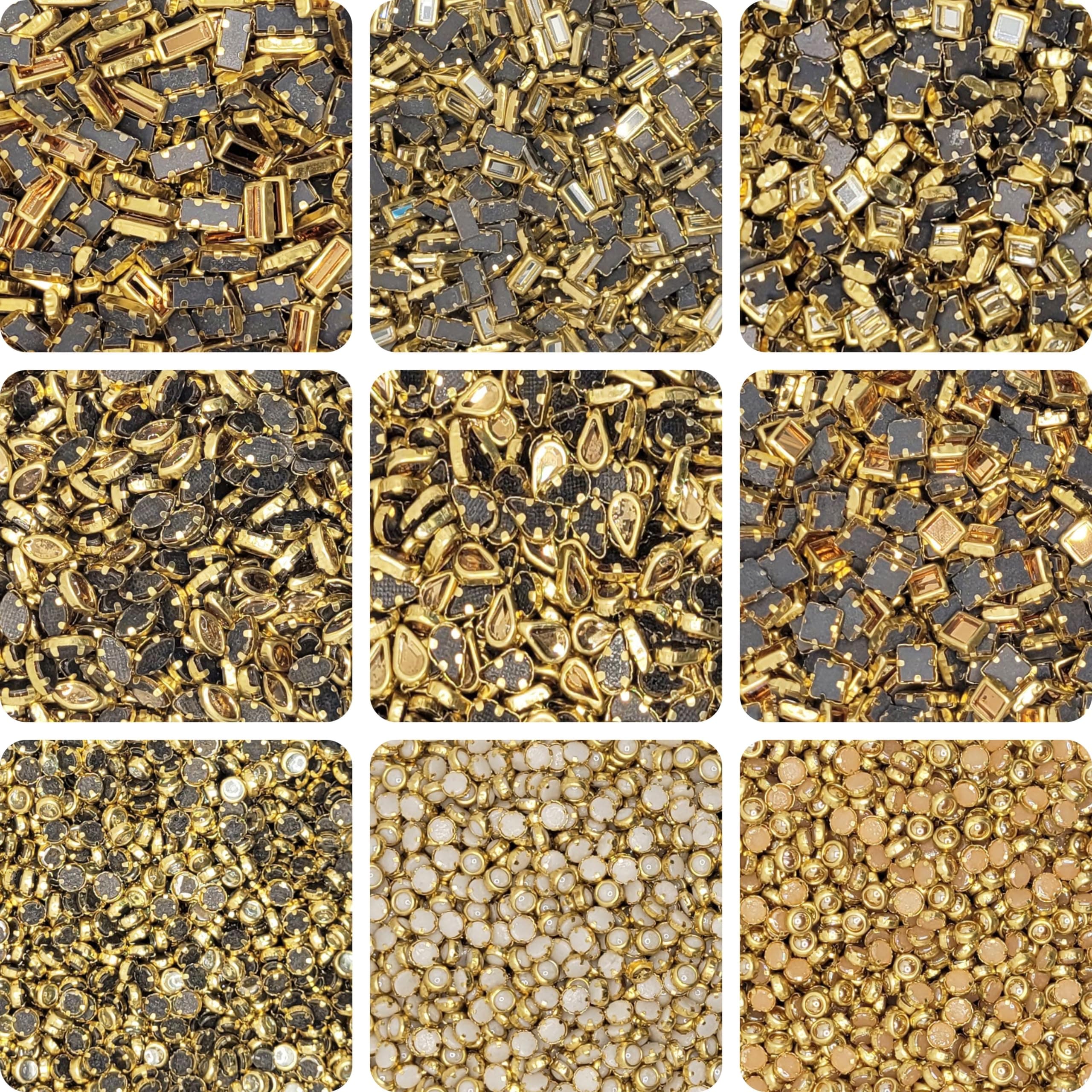 INDIKONB 1400 Kundan Stones Set - 9 Assorted Shapes and Sizes for Jewelry Making, Embroidery, Bangle Crafting - White & Gold