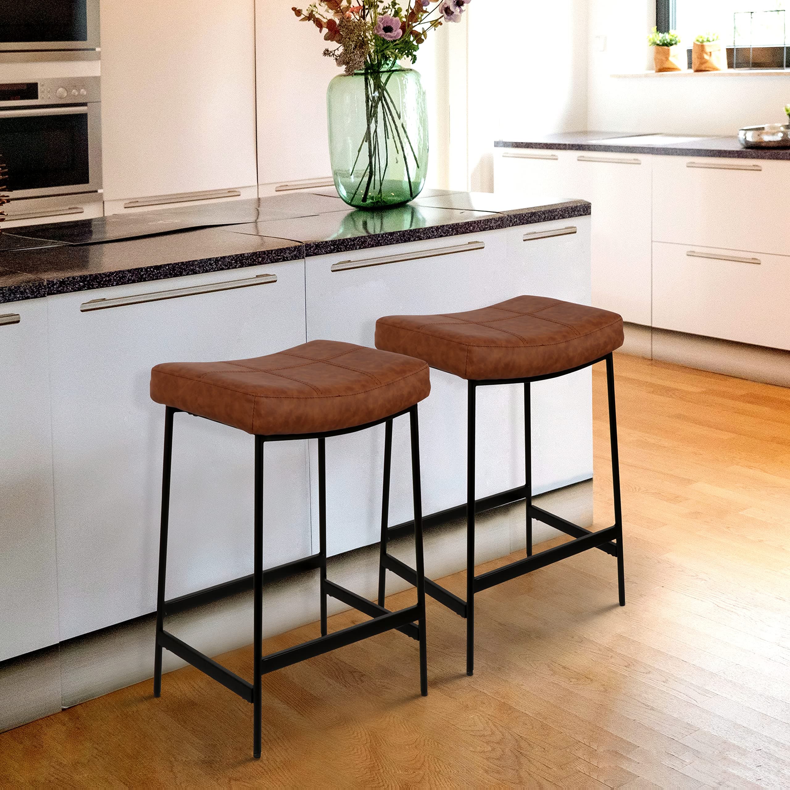 Anmytek27" Backless Barstools Set of 2 Upholstered Saddle Seat for Kitchen Modern Counter Bar Stools with Thick Cushion and Footrest Brown