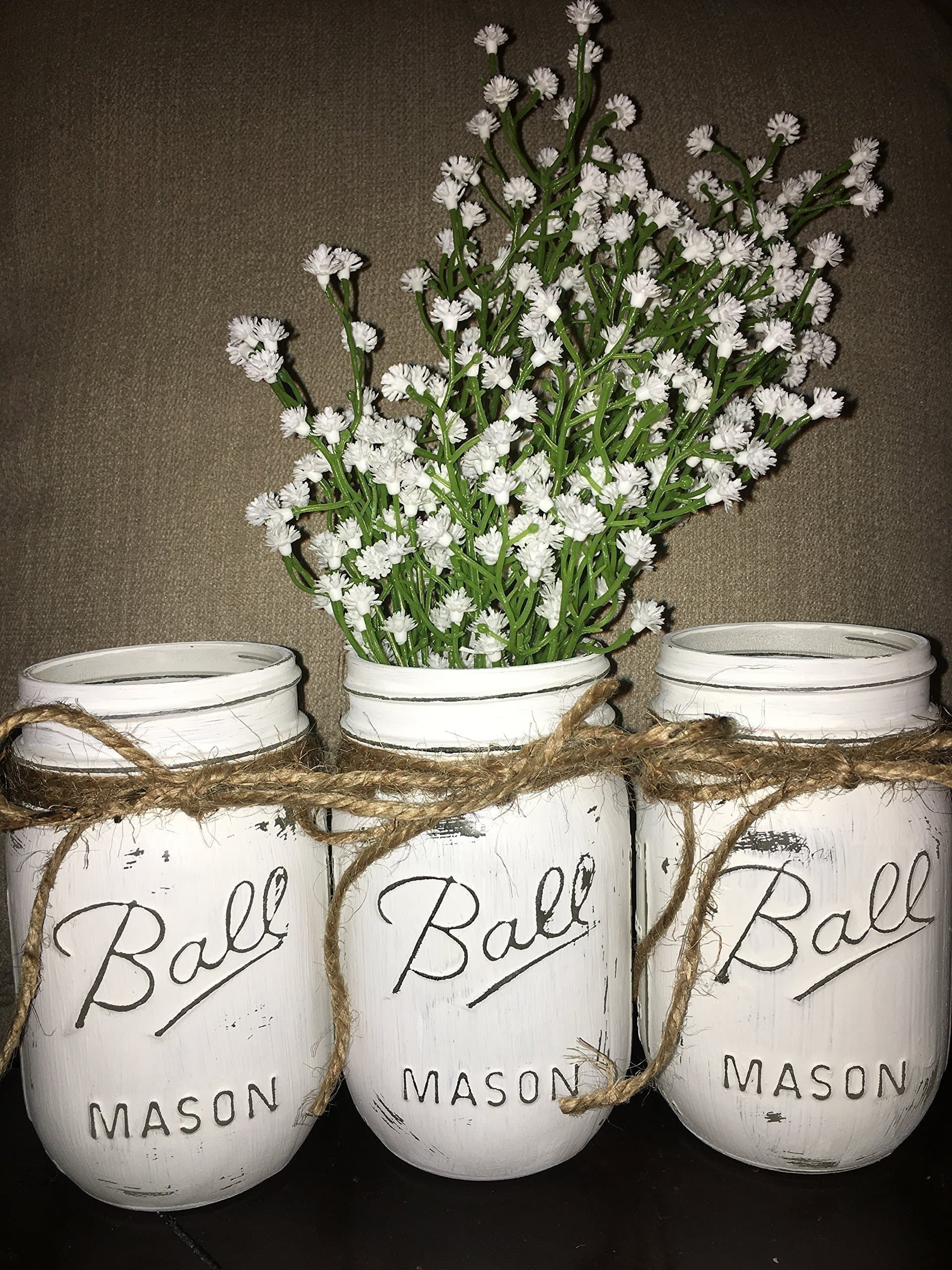 Distressed White Chalk Painted Ball Mason Jars (Set of 3)