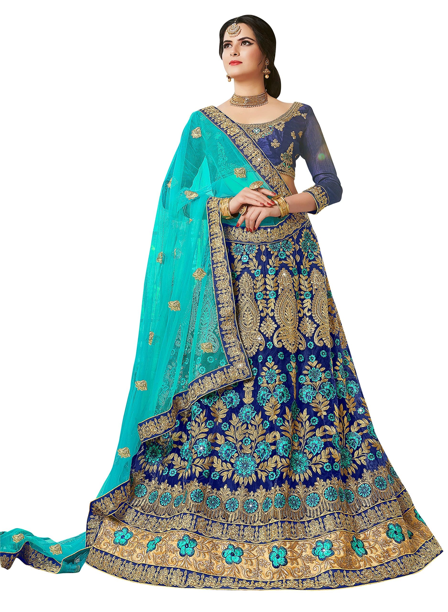 MANVAAWomen's net Lehenga Choli (KNSH24701_Blue_Freesize)