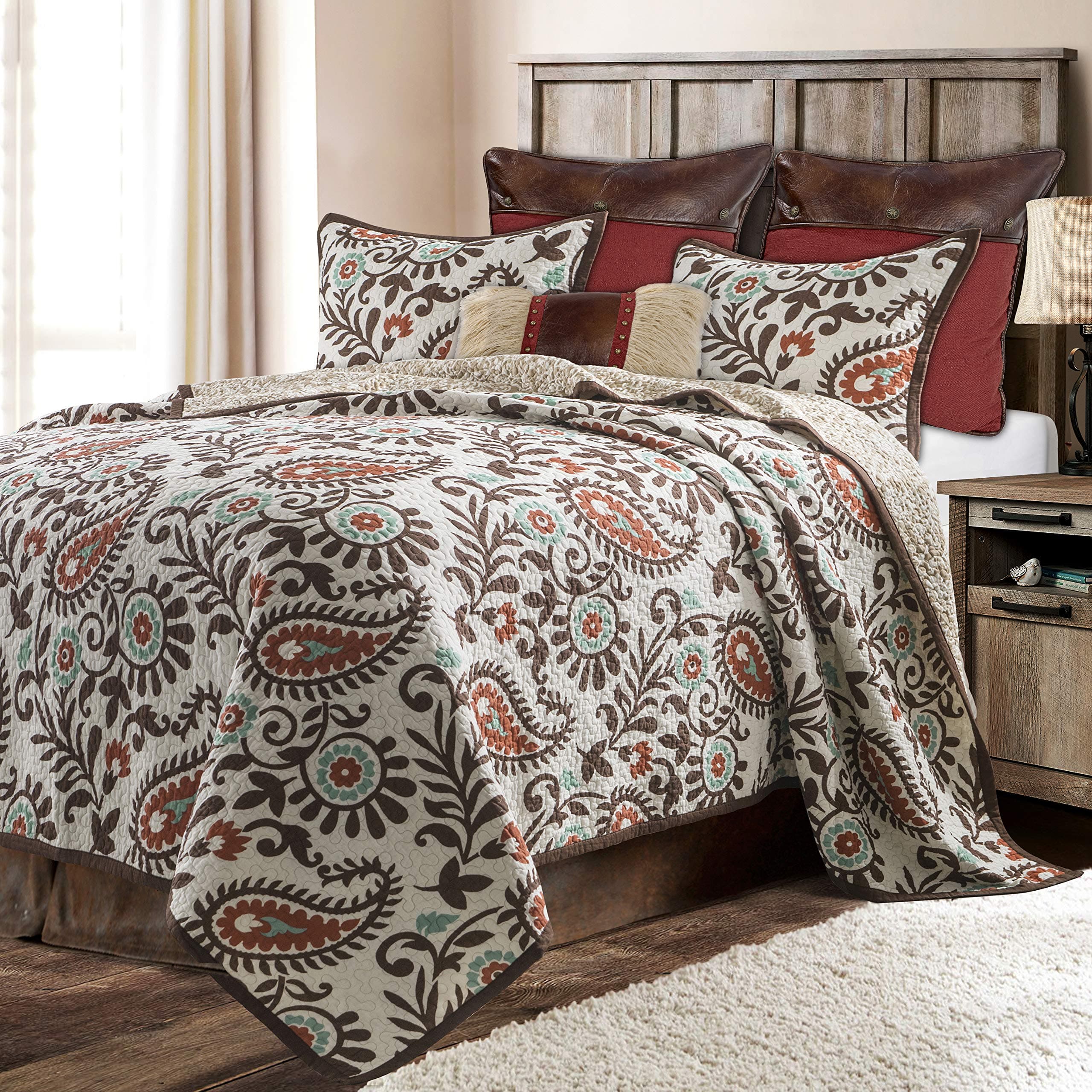 HiEnd Accents Rebecca 3-PC Western Paisley Quilt Set, King (White, Terra Cotta, Chocolate & Turquoise)