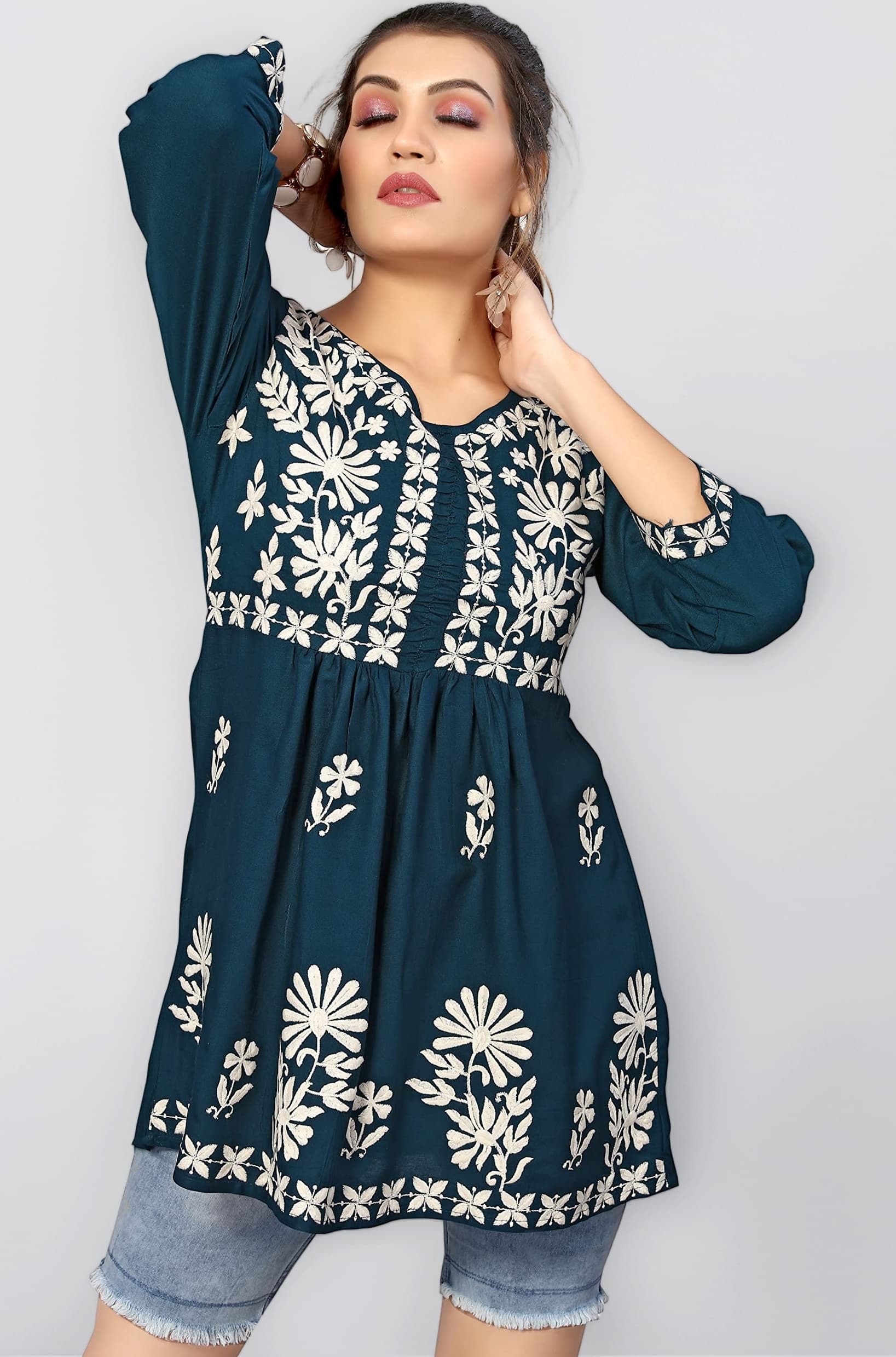 Bee M Pee Designer Short Kurti Tops for Jeans for Women I Chikankari Rayon Cotton Long Kurta Kurti for Women I Stylish wear Kurti top for Girls
