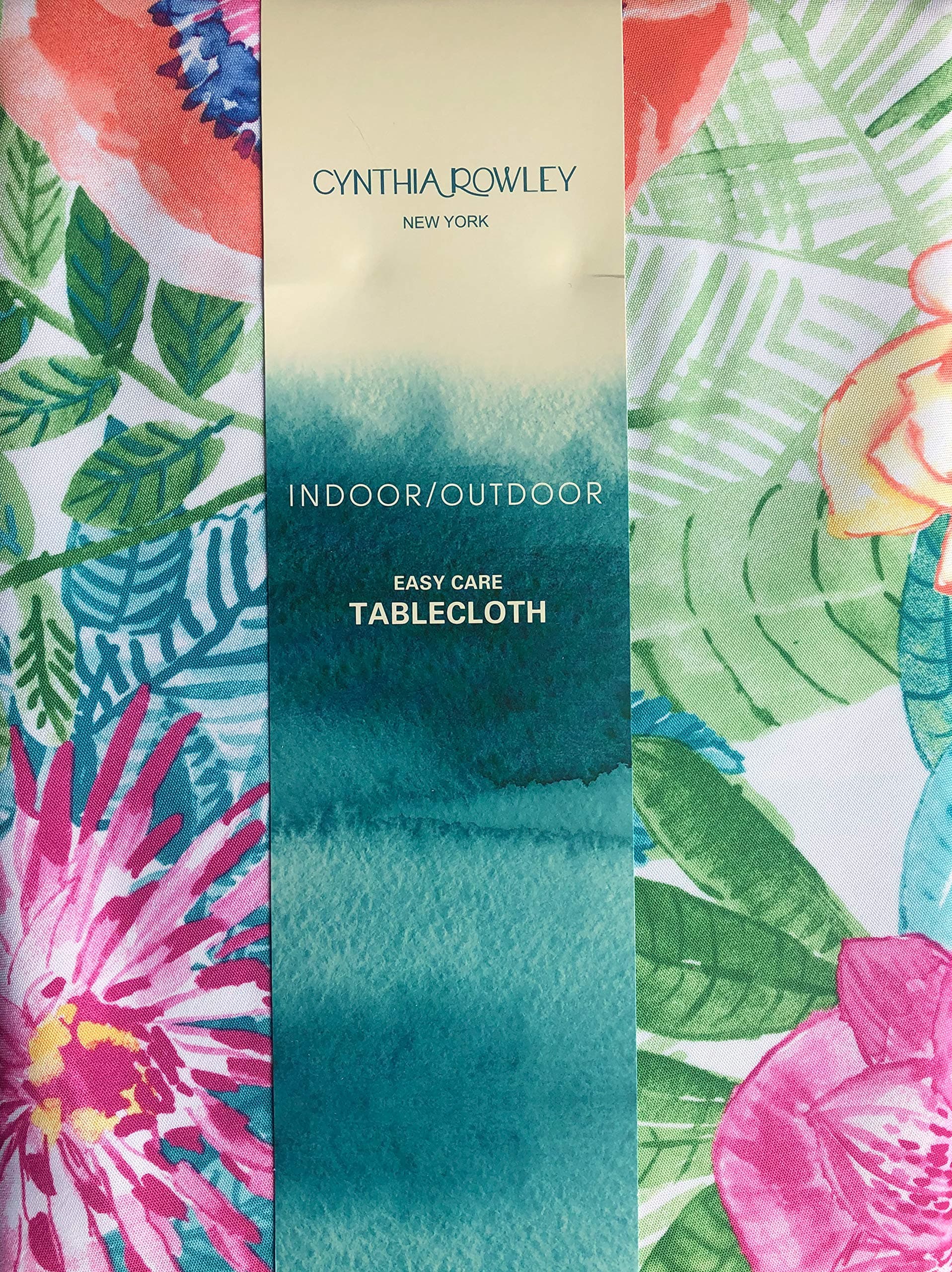 Cynthia Rowley Tablecloth Tropical Jungle Floral Pattern in Shades of Blue Green Pink Orange on White Easy Care Indoor Outdoor, Tortuga Floral (60 Inches x 84 Inches)