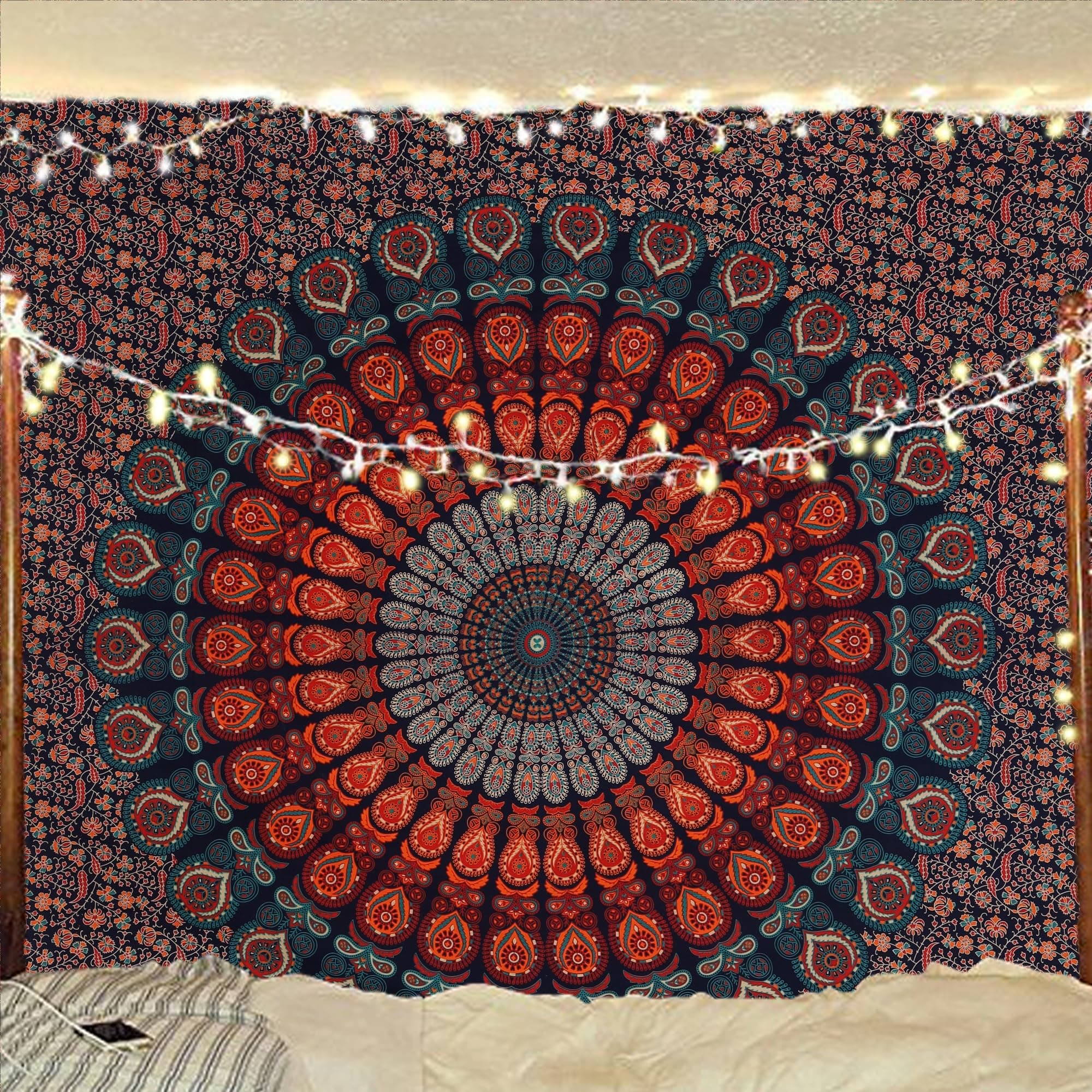 Bless International Indian hippie Bohemian Psychedelic Peacock Mandala Wall hanging Bedding Tapestry (Golden Blue, 264.16L X 223.52W cm)