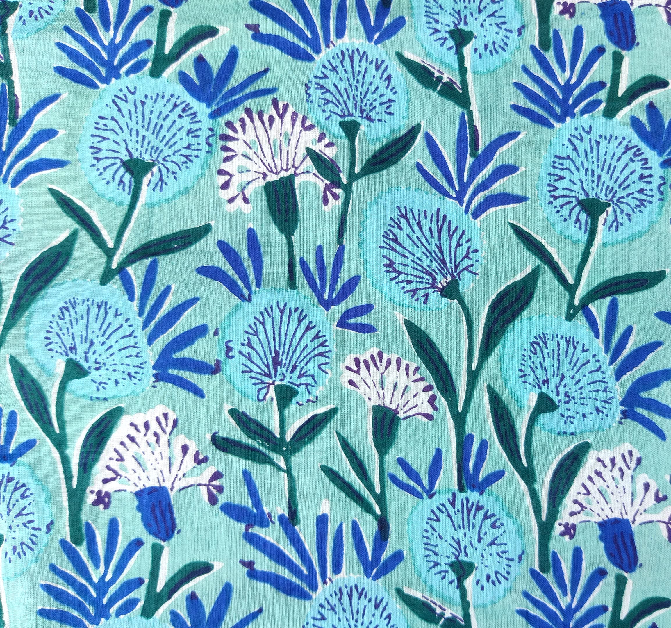 Craftbot Hand Block Print Fabric by The Yard - PRECUT 3 Yards 42 inch Width - 100% Cotton Material - Sage Green and Blue Floral Pattern - Light Weight Indian Cloth for Making Kurti Summer Dress etc