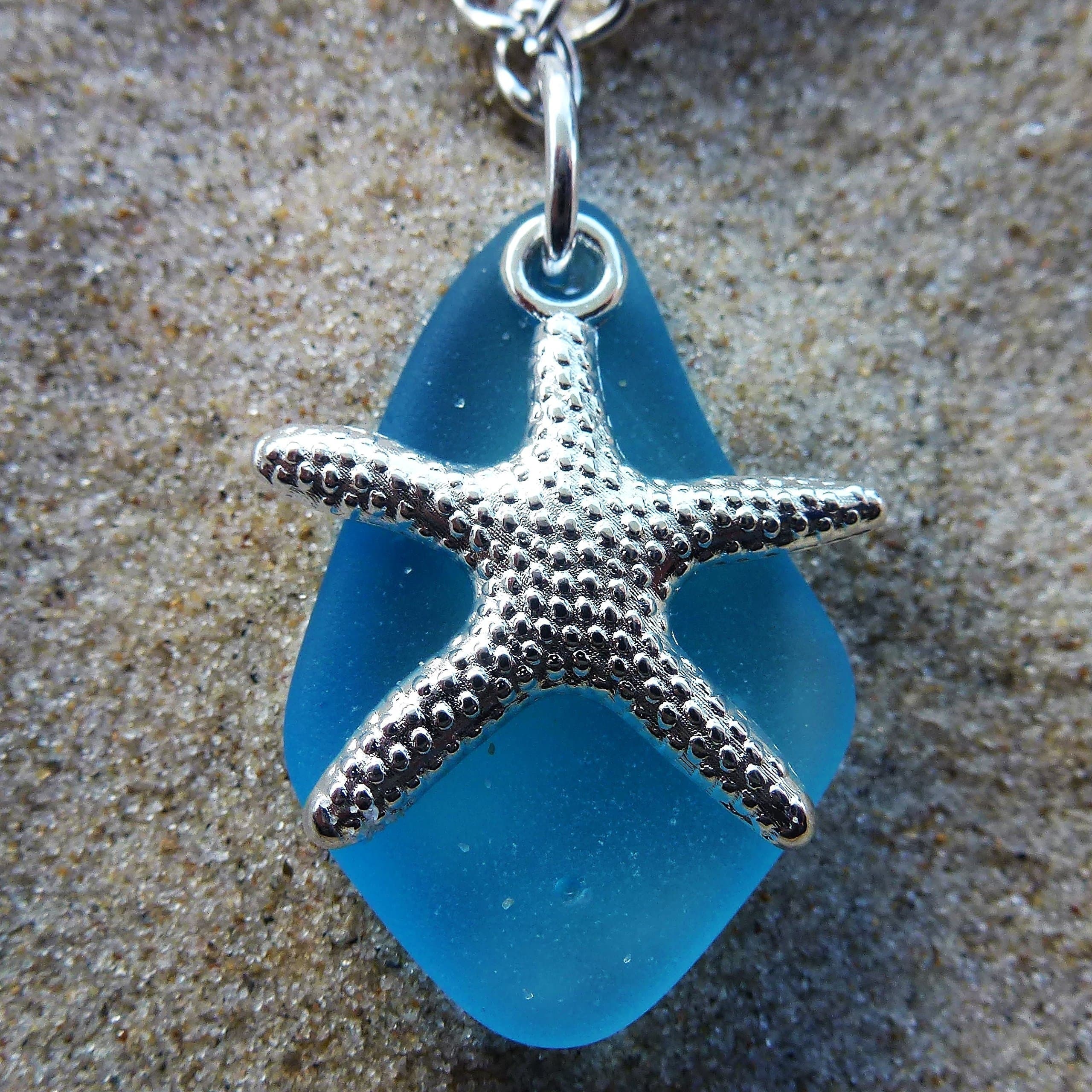 light aqua blue sea glass ocean amulet talisman necklace for girls and women on a 24" silver color chain with nautical starfish delicate elegant young surf beach prime handmade seaglass jewelry mascot