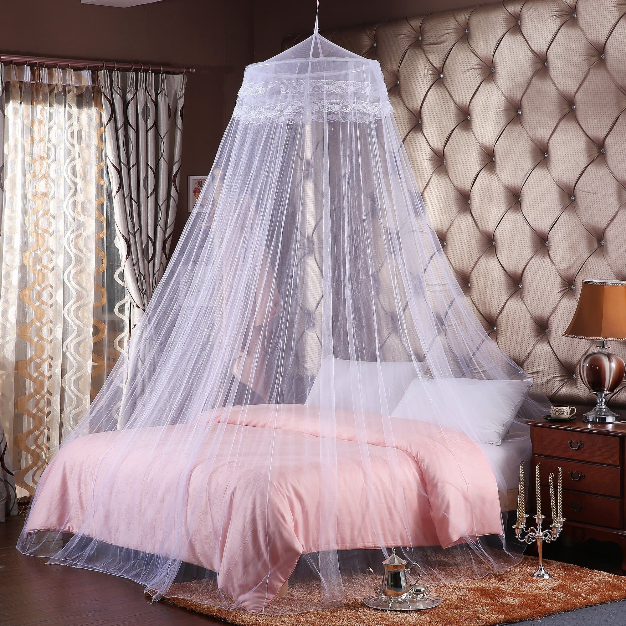 Round Hoop Double Lace Princess Bed Canopy Mosquito Netting Fit Crib Twin Full Queen White