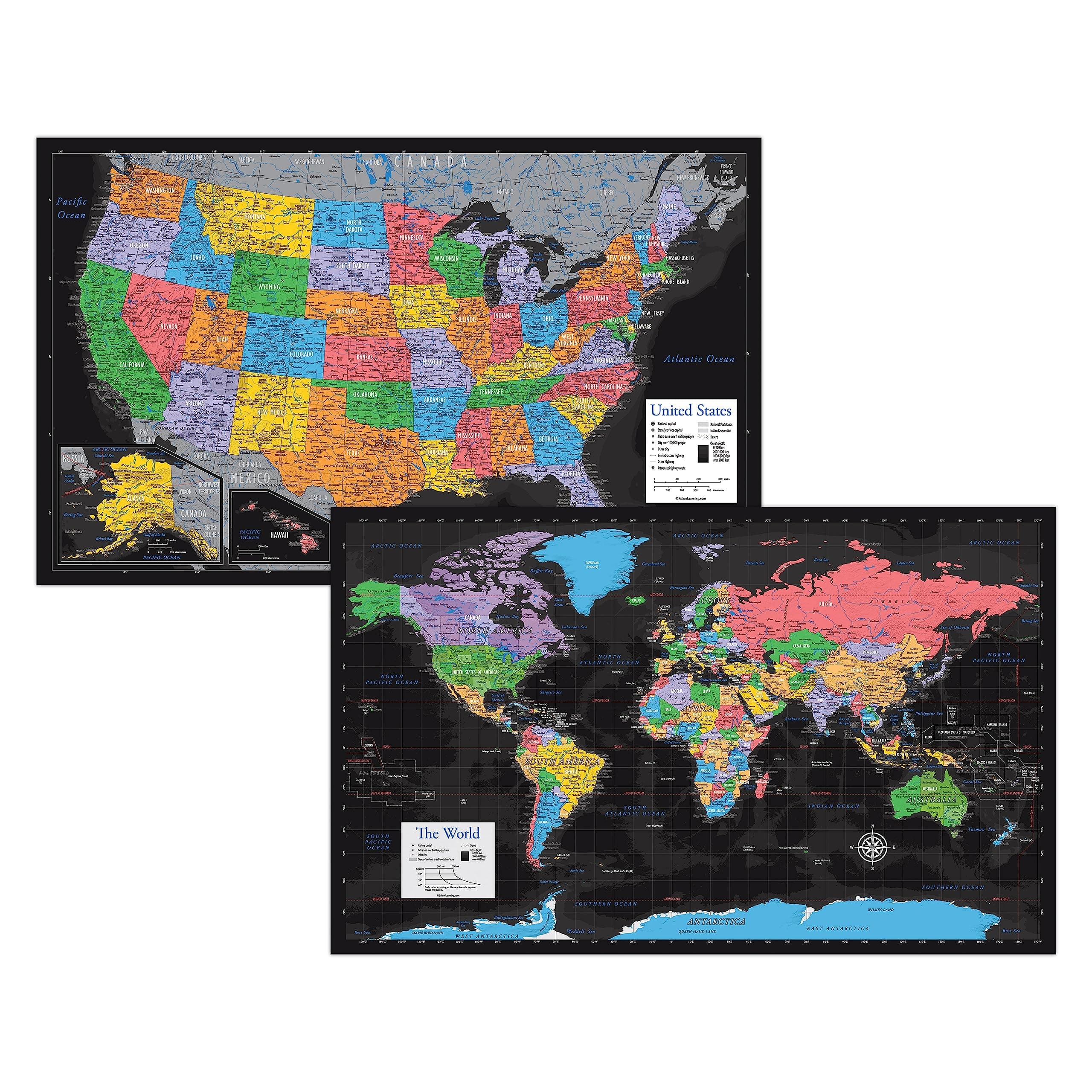 Palace Learning Laminated World Map & US Map Poster Set - 18" x 29" - Wall Chart Maps of the World & United States - Made in the USA (LAMINATED) (Black)