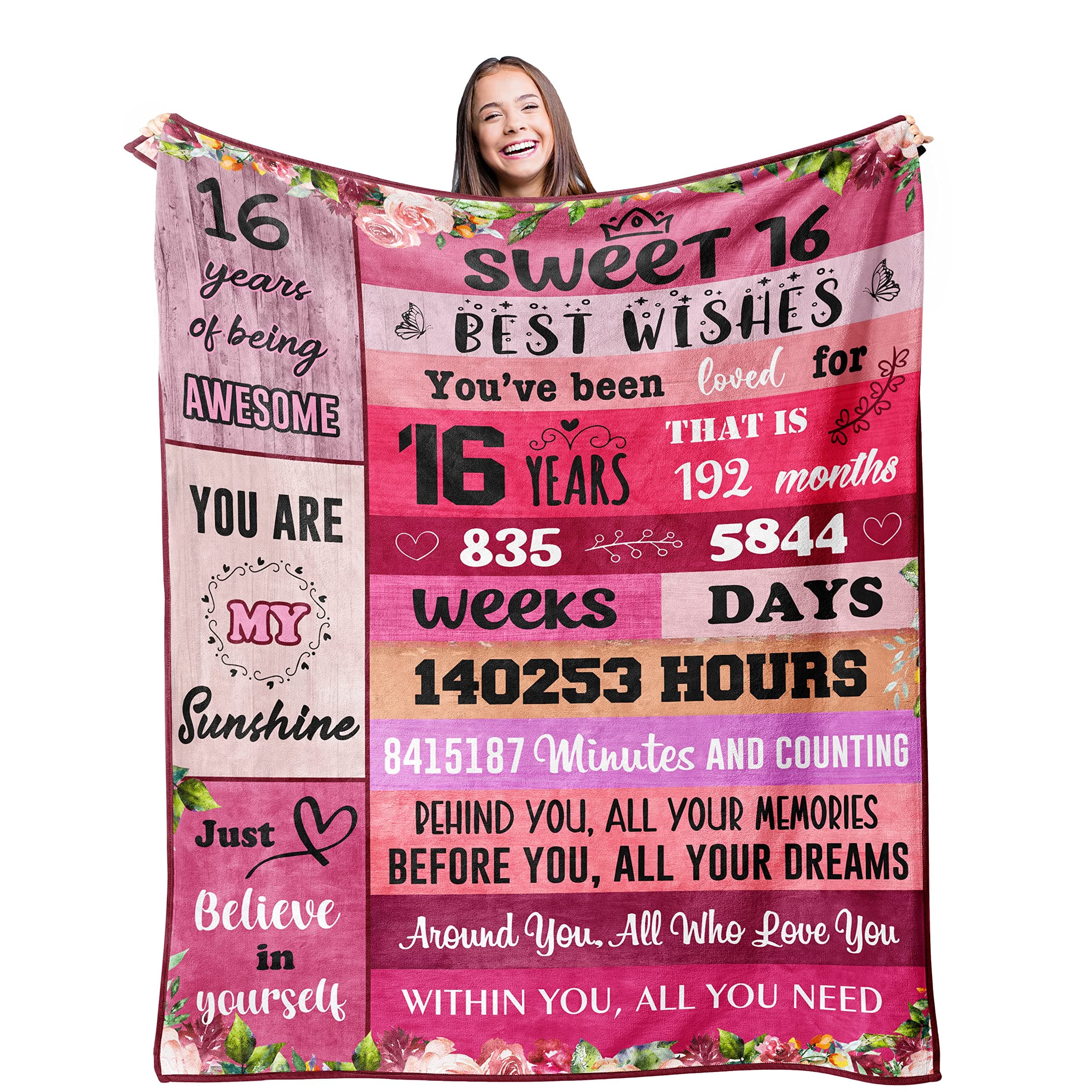 Kituzol Sweet 16 Gifts for Girls Blanket 50”x60” - 16th Birthday Gifts for Girls - Best 16th Birthday Decorations for Girl - 16 Year Old Girl Gift for Birthday Throw Blankets - Sweet Sixteen Gift Idea