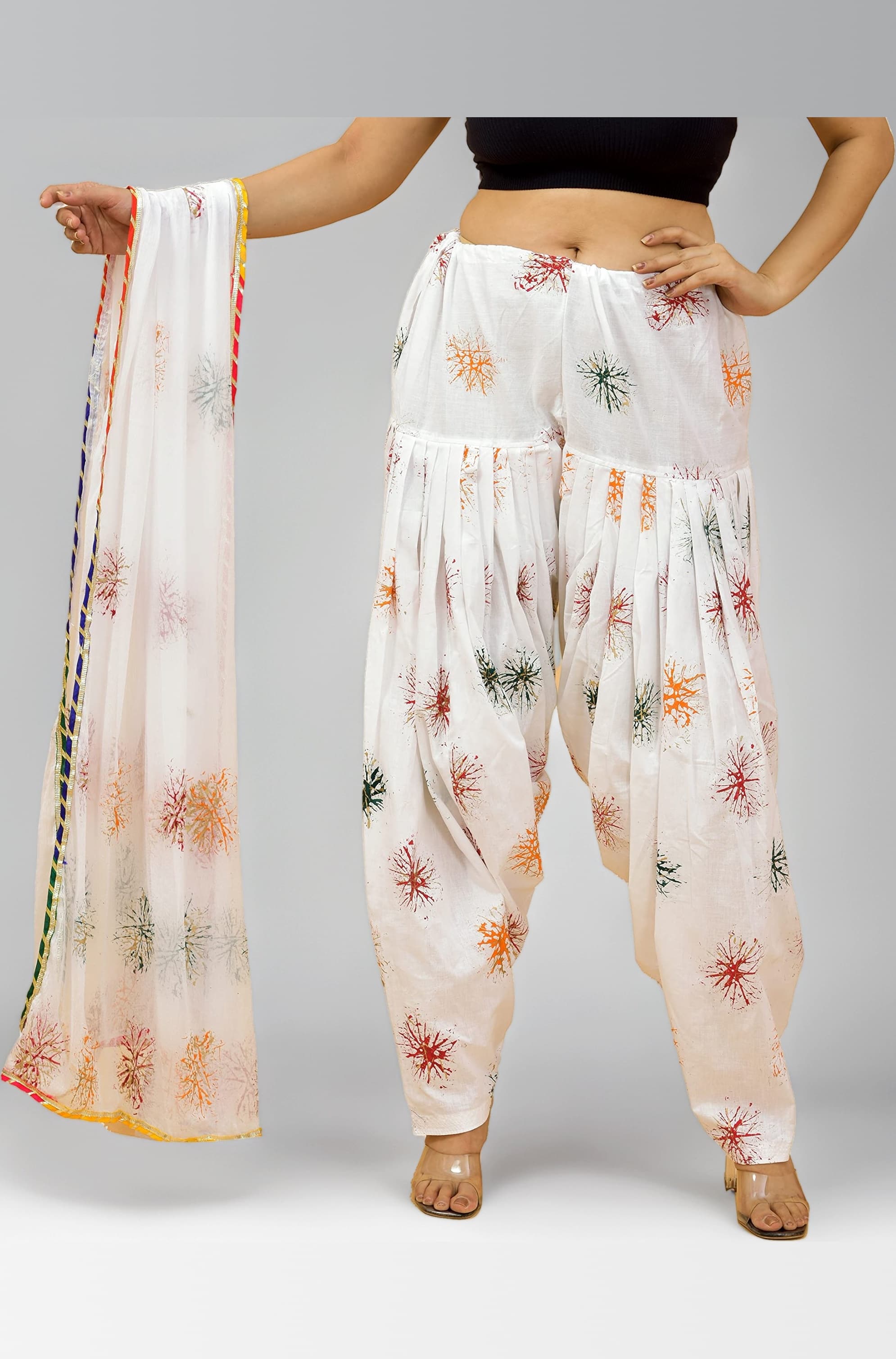 Vrnda Women's Readymade Casual Style Cotton Printed Patiala And Dupatta Set (Office Wear,Free Size,White::Multi)