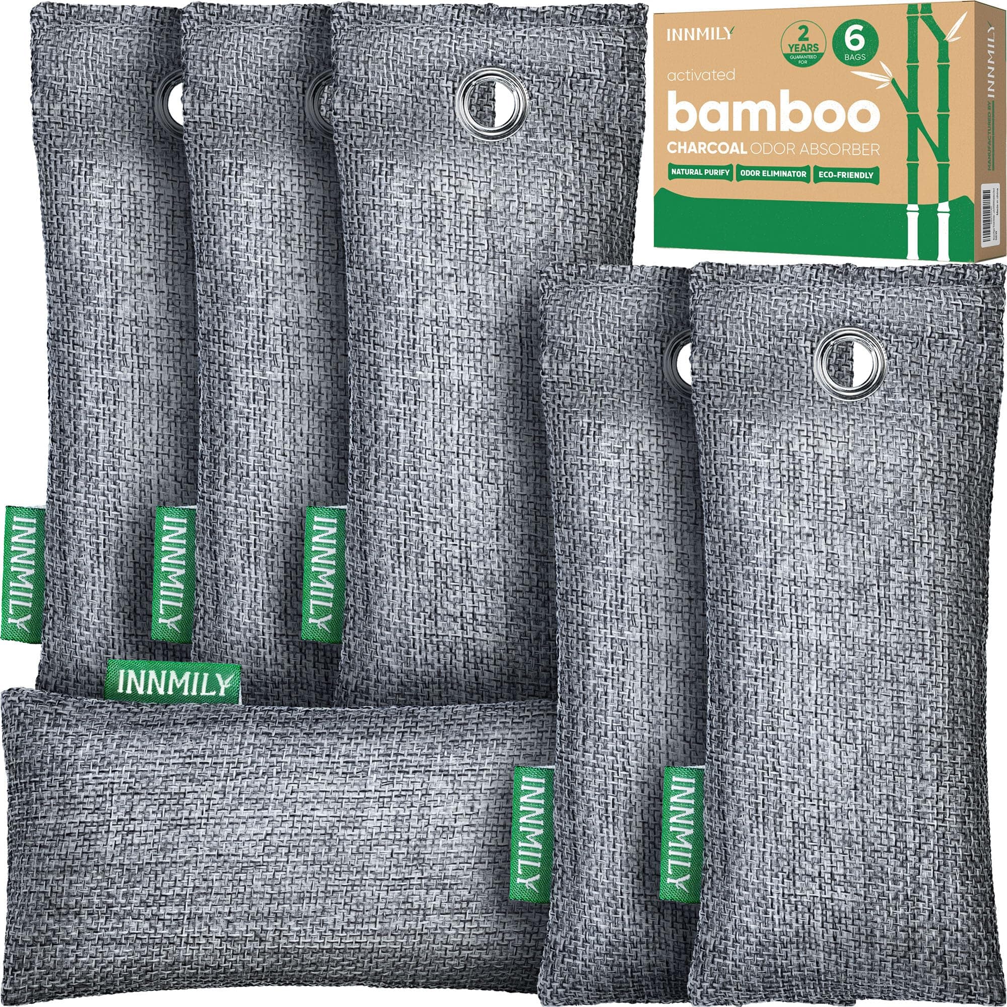 Bamboo Charcoal Air Purifying Bags, 6 Pack Natural Shoe Odor Eliminator, Sneaker Deodorizer and Moisture Absorbers for Clean Footwear, Shoe Odor Remover
