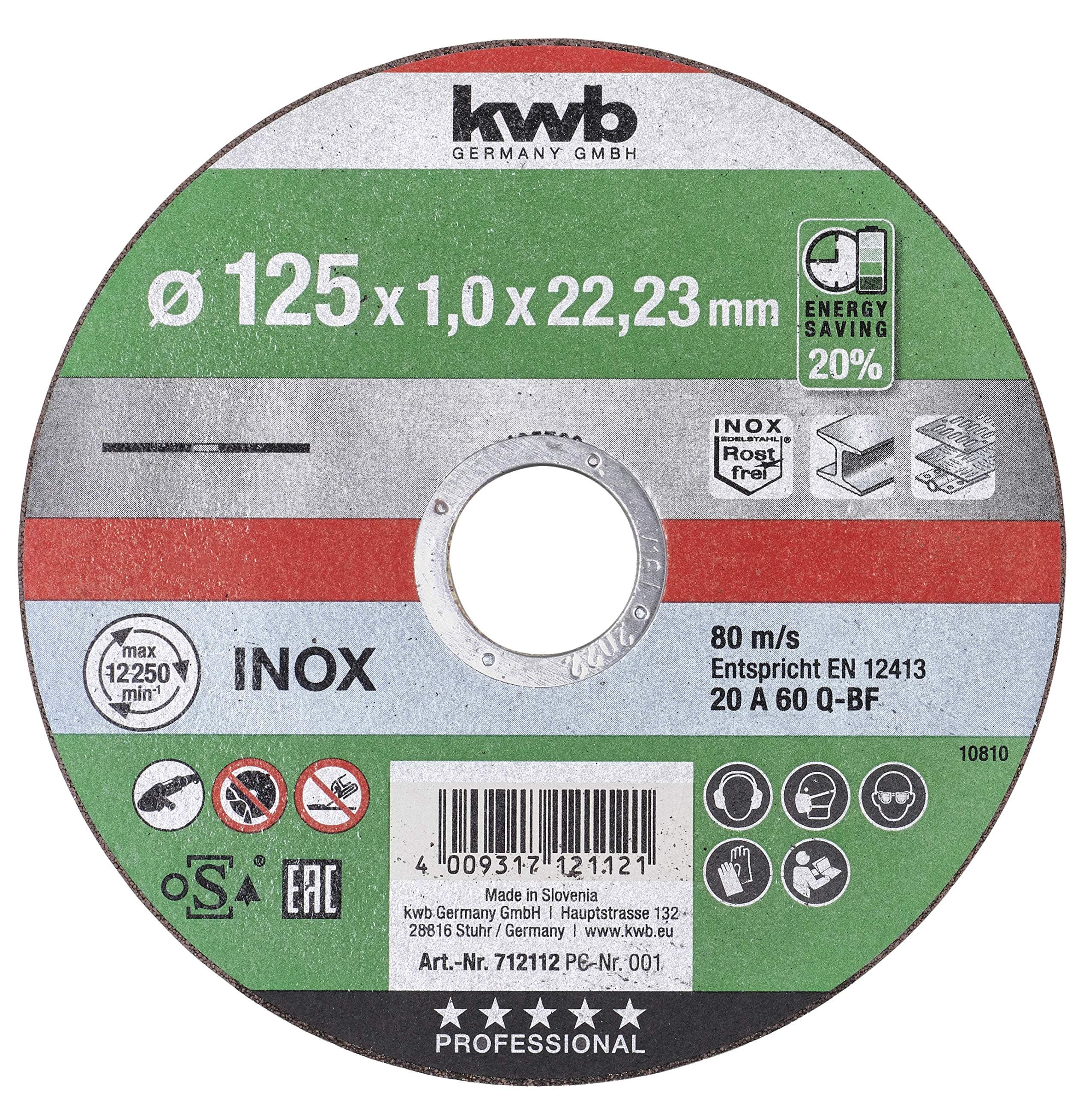 kwb 712112 Battery Top Extra Thin Release Disc 125 mm Speed, 125 x 1.0 for Angle Grinder, Flex Disc Suitable for Stainless Steel + Metal, Hole 22.23 mm, 125x1.0