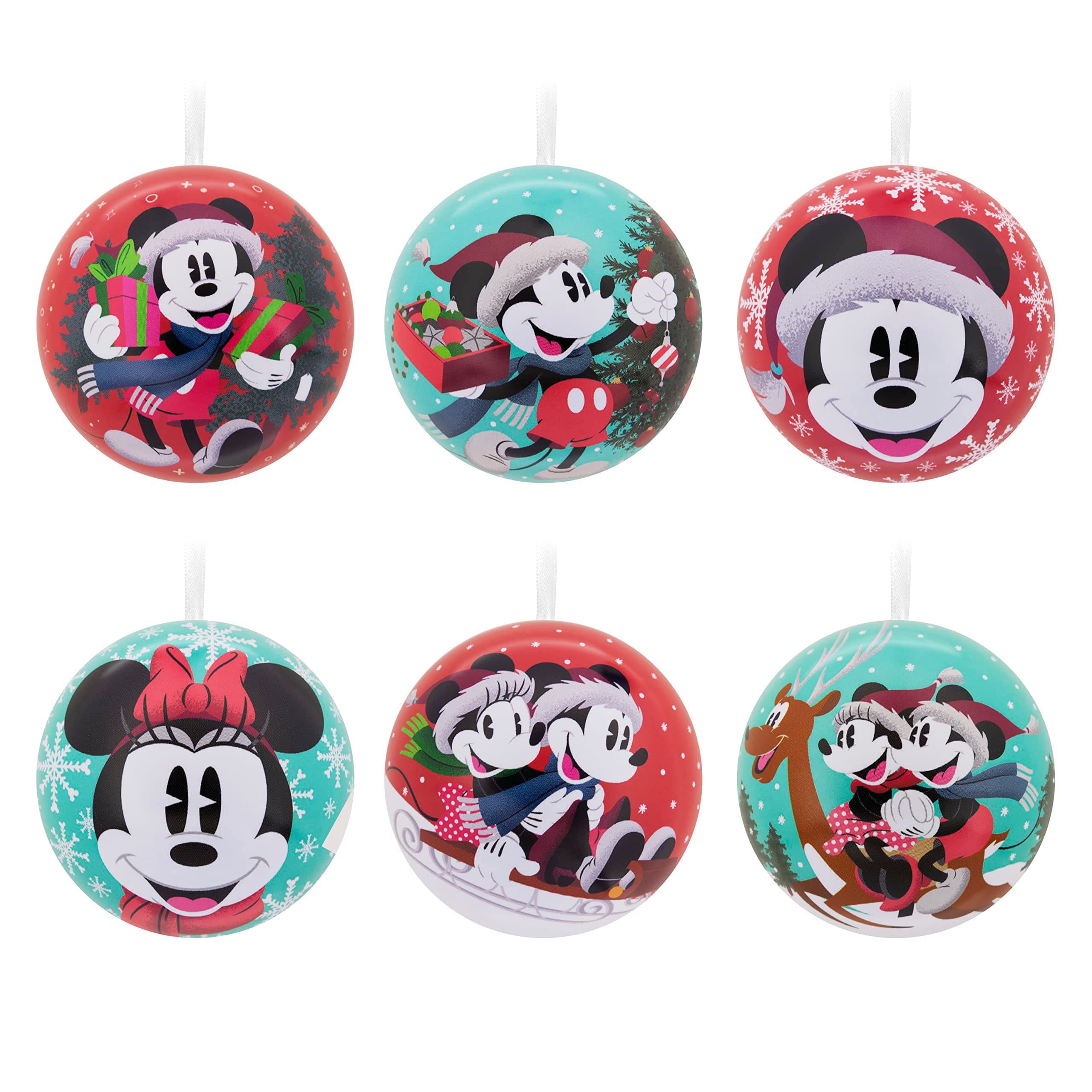 Disney Mickey Mouse and Disney Minnie Mouse Christmas Ornaments, Tin Ball, Set of 12