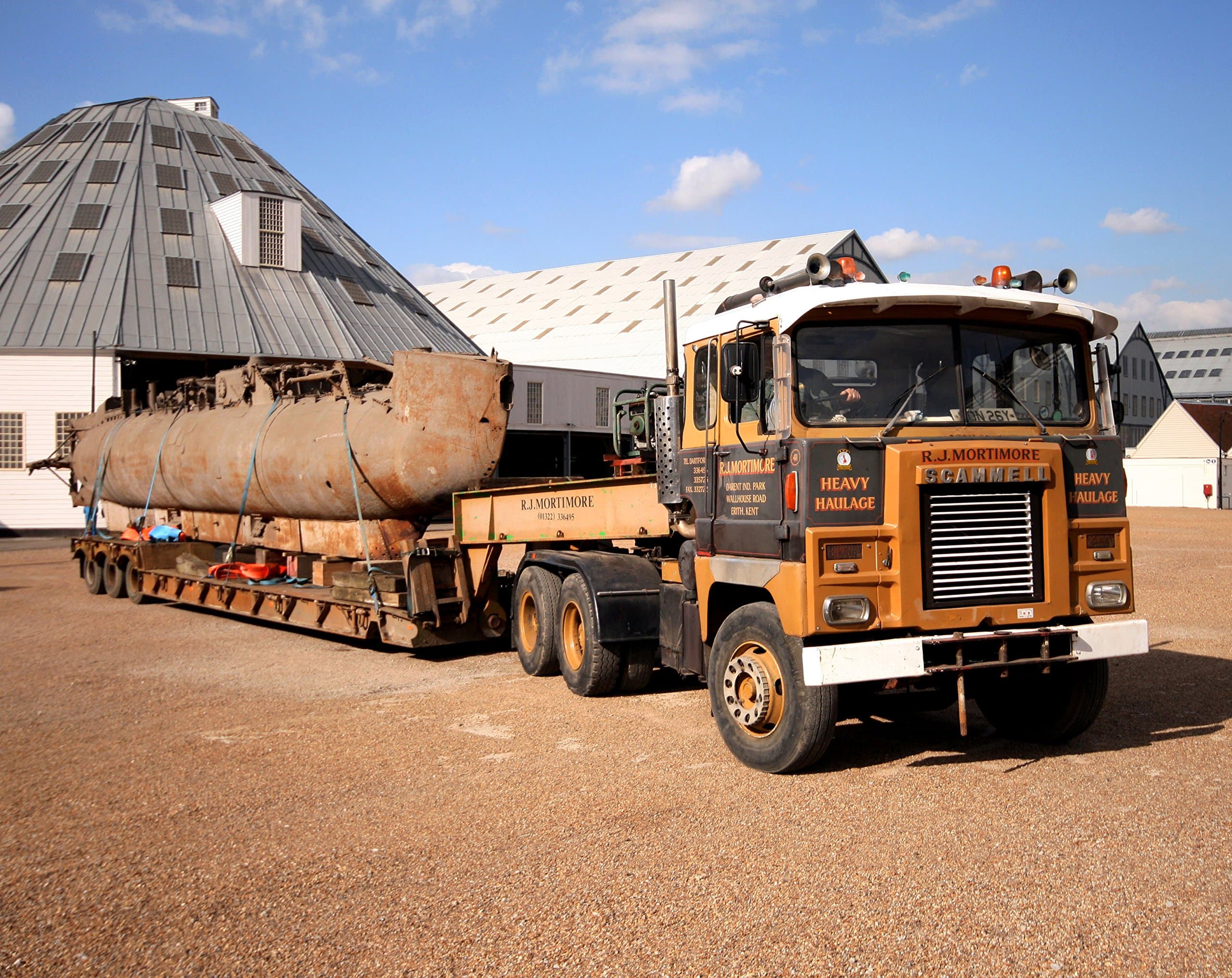 Mouse mat featuring a classic Scammell Crusader at Chatham Historic Dockyard, moving midget submarine (x craft) HMS Expunger, XE8