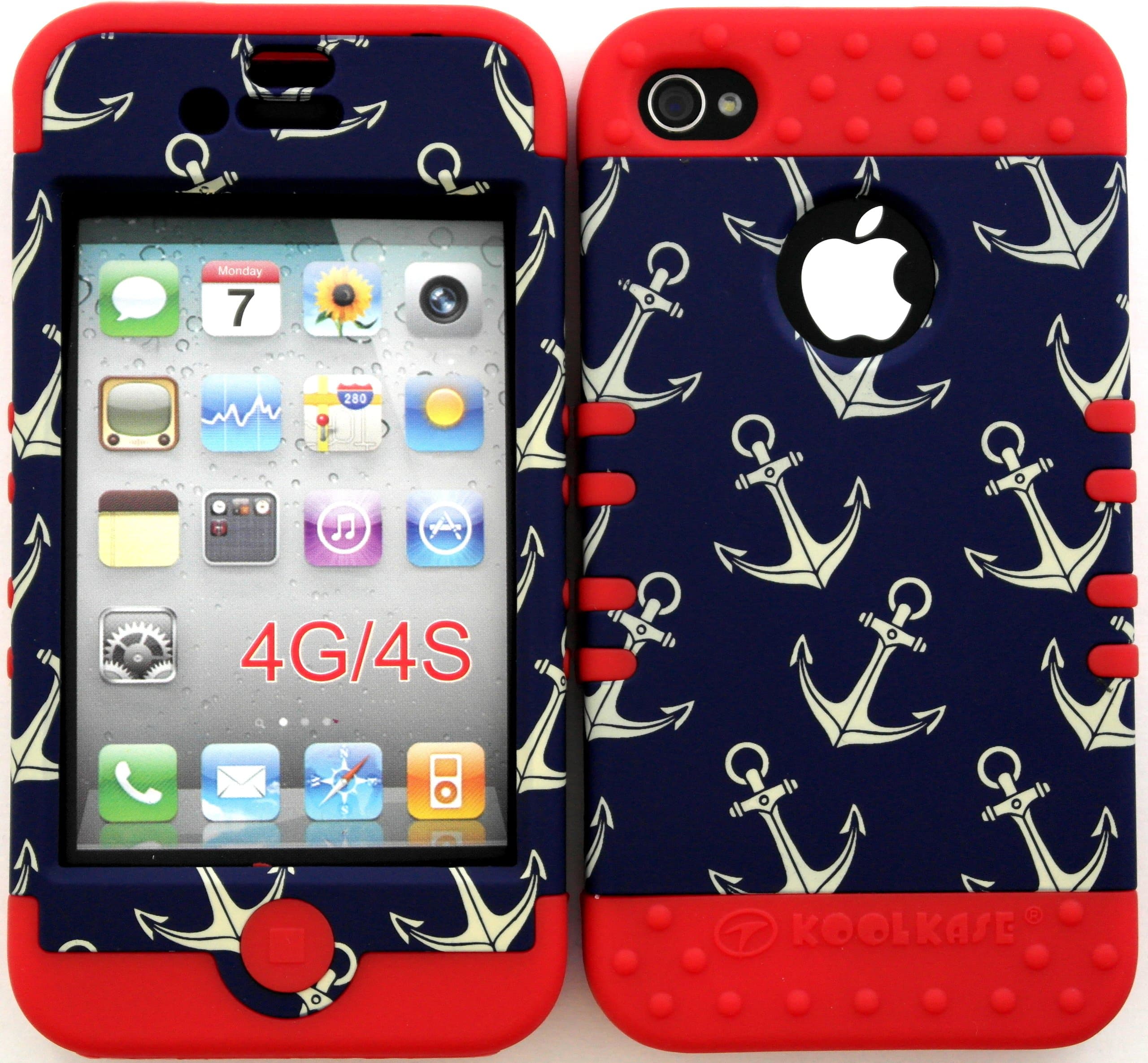 Bumper Case for Apple iphone 4 4G 4S Anchor Pattern hard plastic snap on over Red Silicone Gel