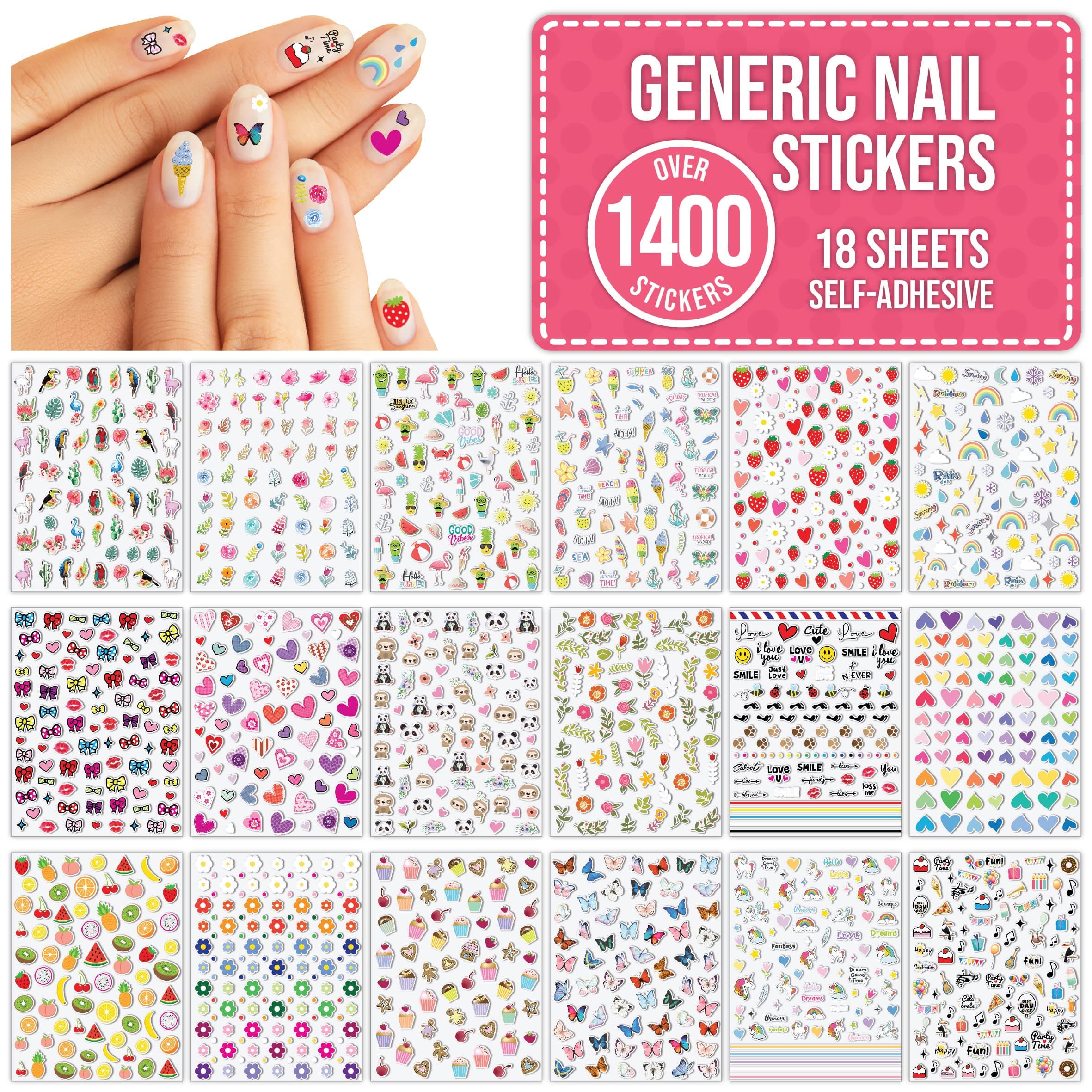 Cute Nail Stickers Over 1400 for Children, Kids, Adults - 18 Sheets Self Adhesive Girls Nail Art Decal Kit Decoration Accessories - Flowers, Hearts, Butterflies, Fruits, Animals