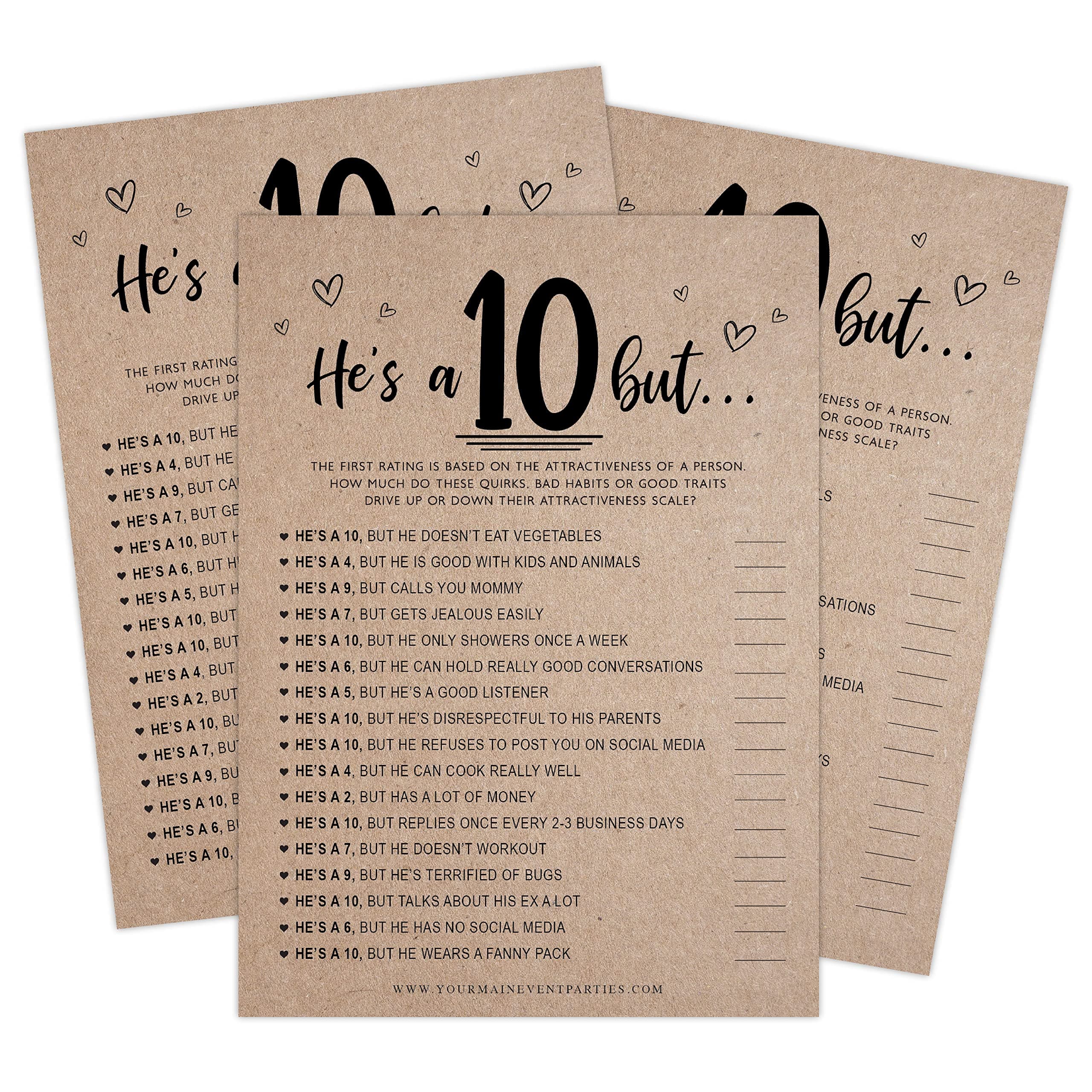Your Main Event Prints New Fun Bridal Shower Games, Fun Activities, Kraft Minimalist Style (He's a 10 But) Unique Game