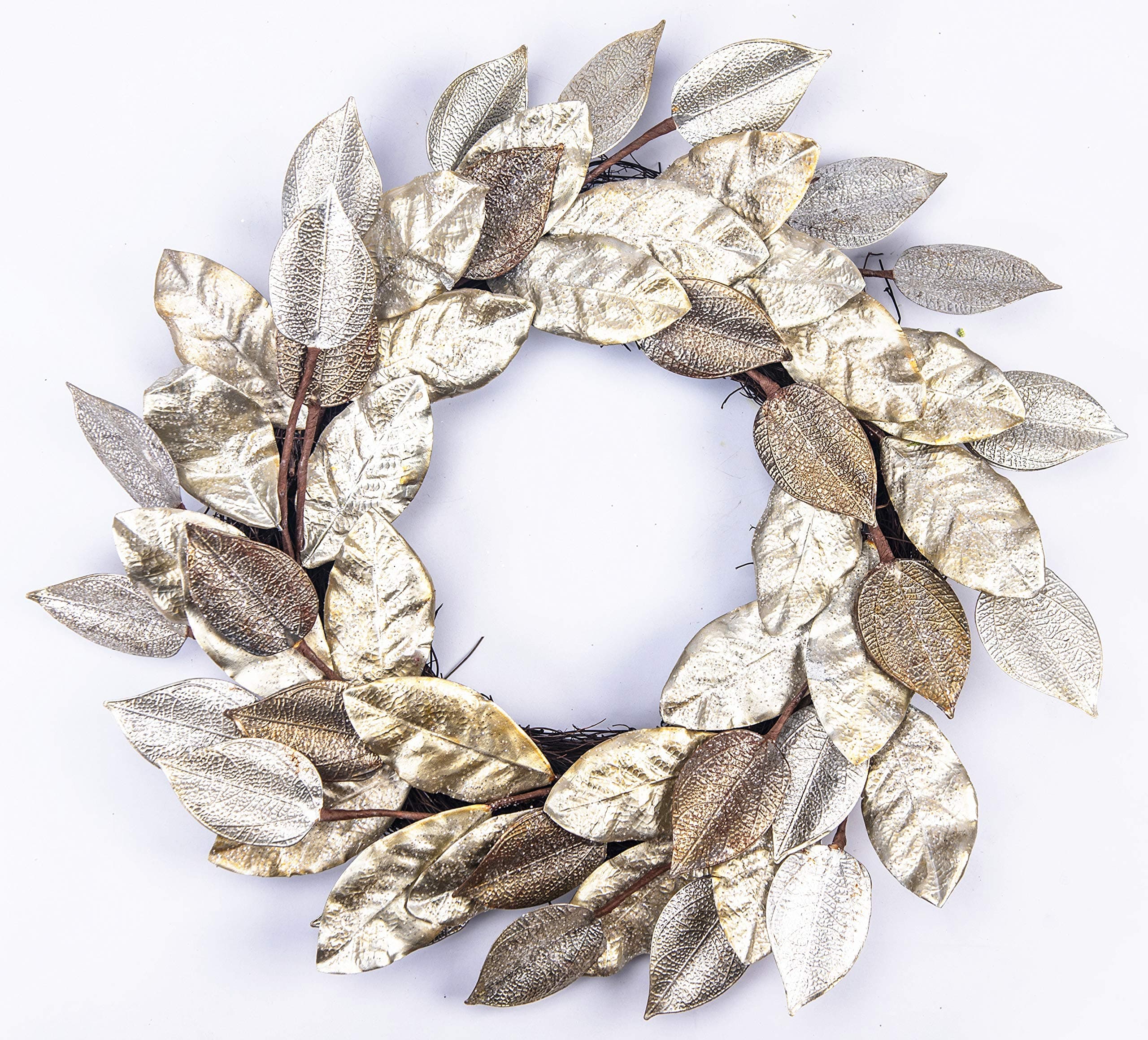 Huashen 24 Inch Fall Glitter Champagne Paper Magnolia&Platinum Metal Aspen Leaf Deluxe Grapevine Twig Farmhouse Wreath for Front Door Wedding Home Décor