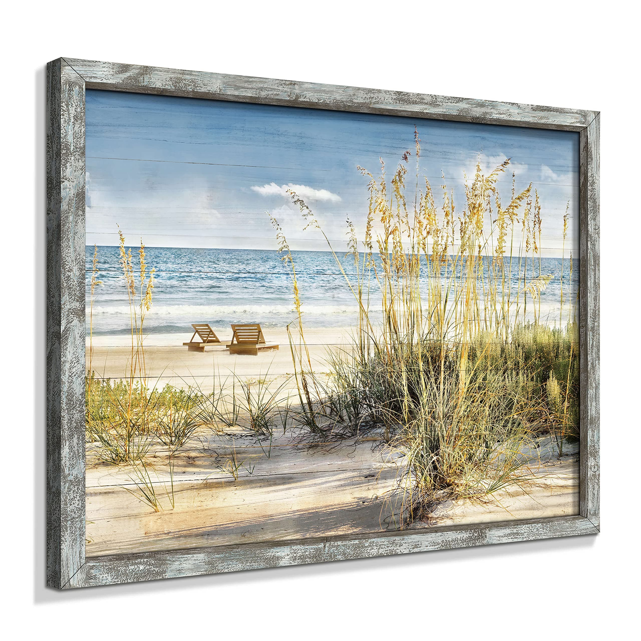 Beach Picture Wooden Artwork Framed: Coastal Wall Art Ocean Art Prints Seascape Wall Decor for Bathroom 16"x12"