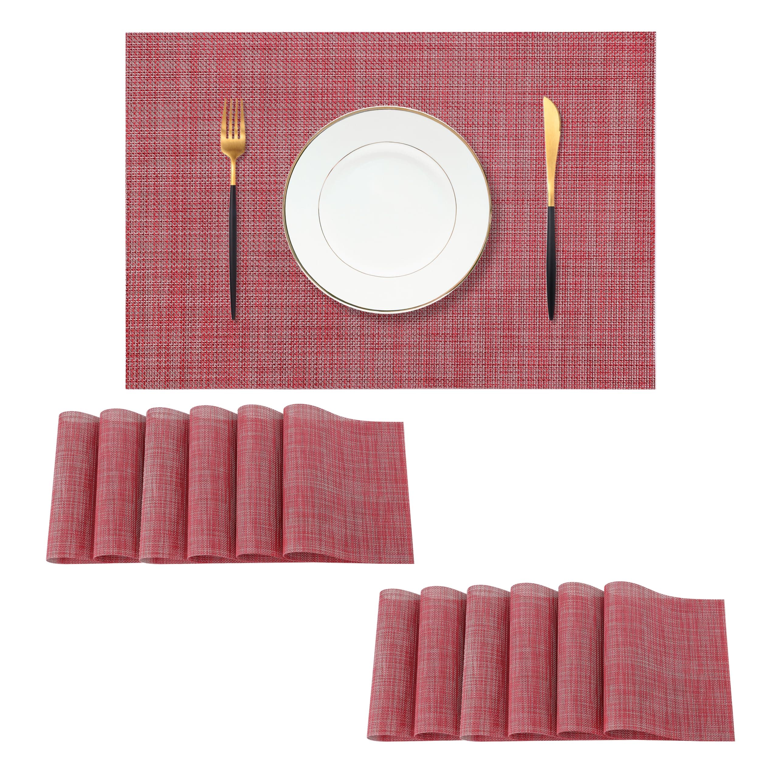 Leetaltree Red Placemats Set of 12 - Heat Resistant Non-Slip Place mats for Dining Table, Washable Durable PVC Vinyl Woven Table Mats(Red, 12)