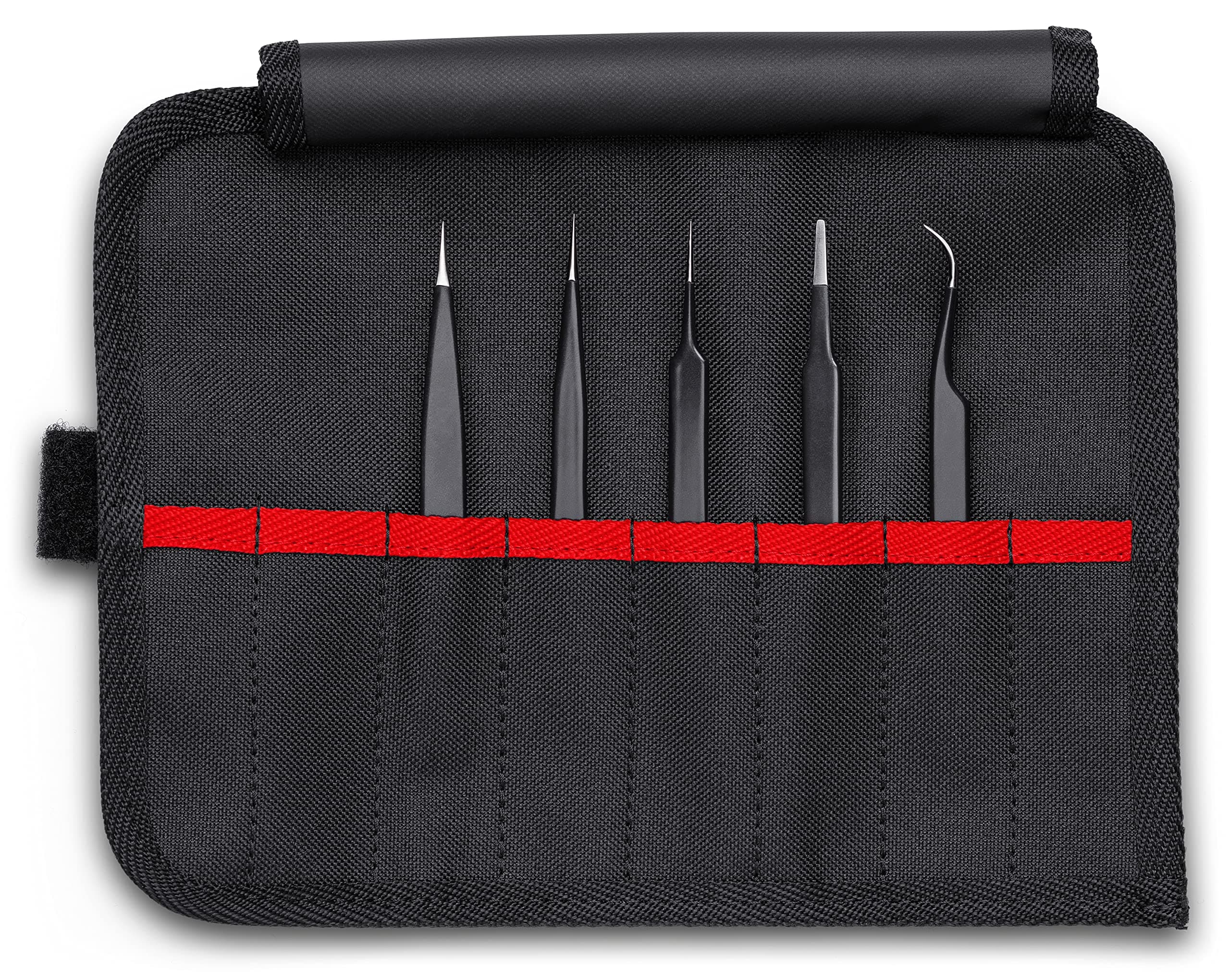 KNIPEXTools 92 00 01 ESD 5 Pc Stainless Steel Tweezers Set in Tool Roll-ESD, Black