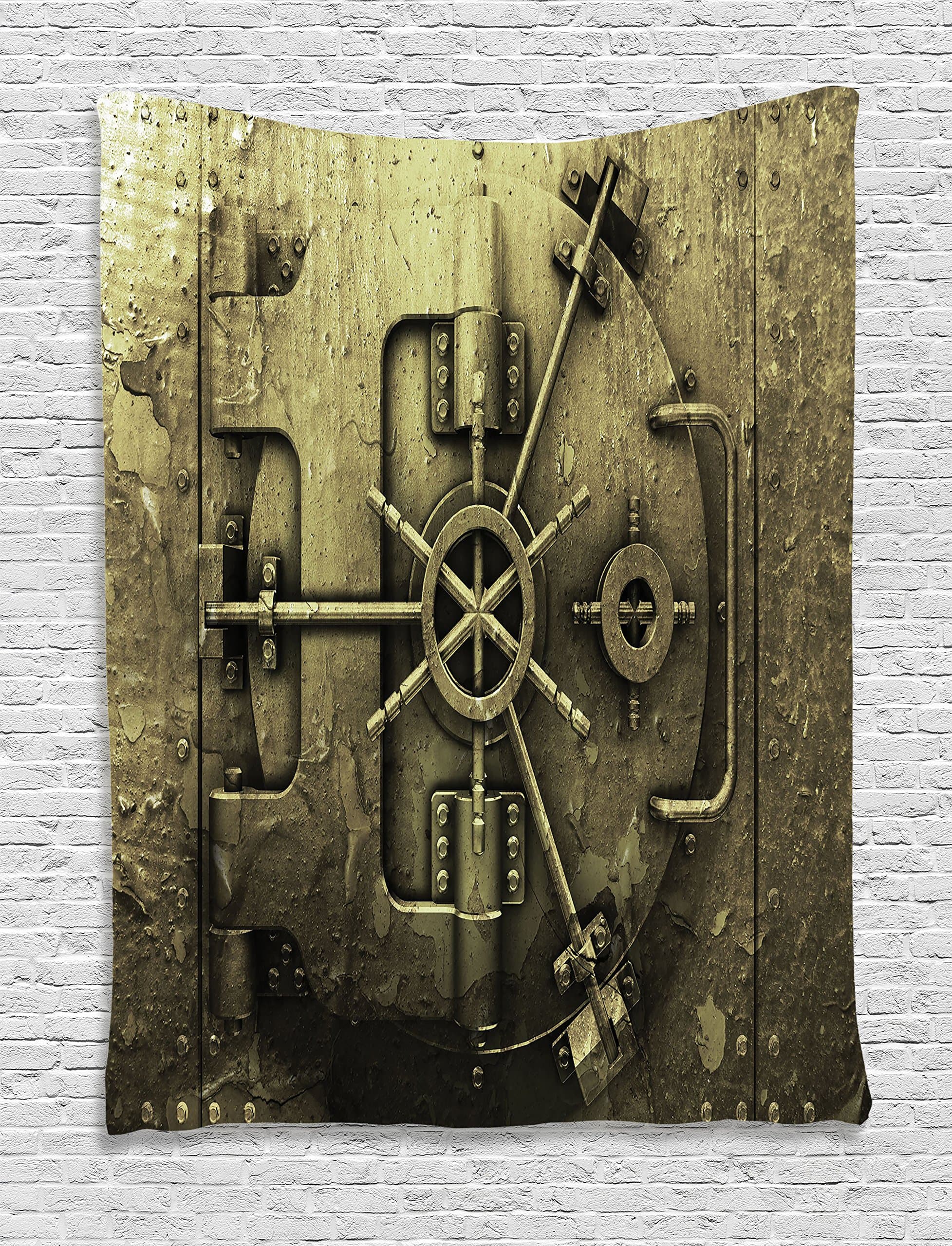 Ambesonne Rustic Tapestry, Grunge Style Bank Vault Illustration Safe Secure Precious Treasure Protection Print, Wall Hanging for Bedroom Living Room Dorm Decor, 60" X 80", Olive Green