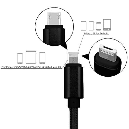 One Plug USB Cable for Android and iPhone, 3.3FT Reversible Micro USB Cable and Lightning Cable Nylon Braided 2 in 1 Joined Cord Both Charge and Data Transfer for Android / iOS / GPS / MP3 (black)
