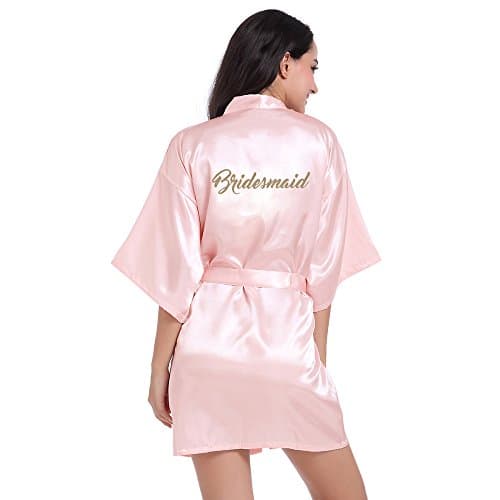TheRobe Women's Pure Colour Bridesmaid Edition Kimono Robes With Gold Glitter For Wedding Party (Pink, S)
