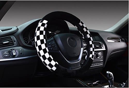 Black and White Squares Plush Auto Car Steering Wheel Cover Universal 15 inch 38cm(Black White Square)