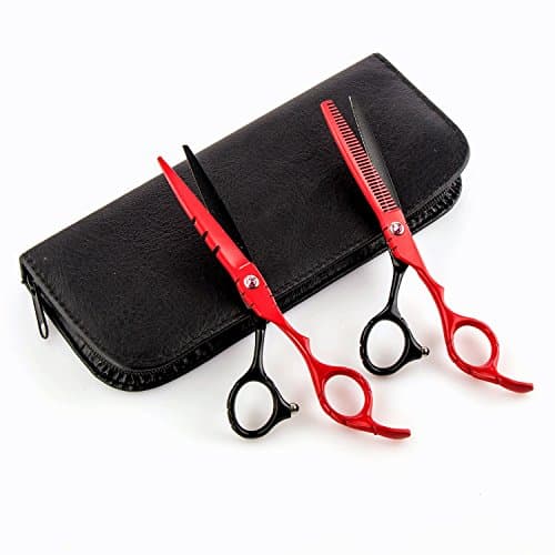 EXBE Professional Stainless Steel Hair Cutting Shears Set Ultra-Sharp Hair Scissors - 6.5" with Black Leather Case (Set black&red)