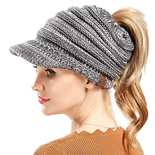 BeanieTail Warm Knit Messy High Bun Ponytail Visor Beanie Cap