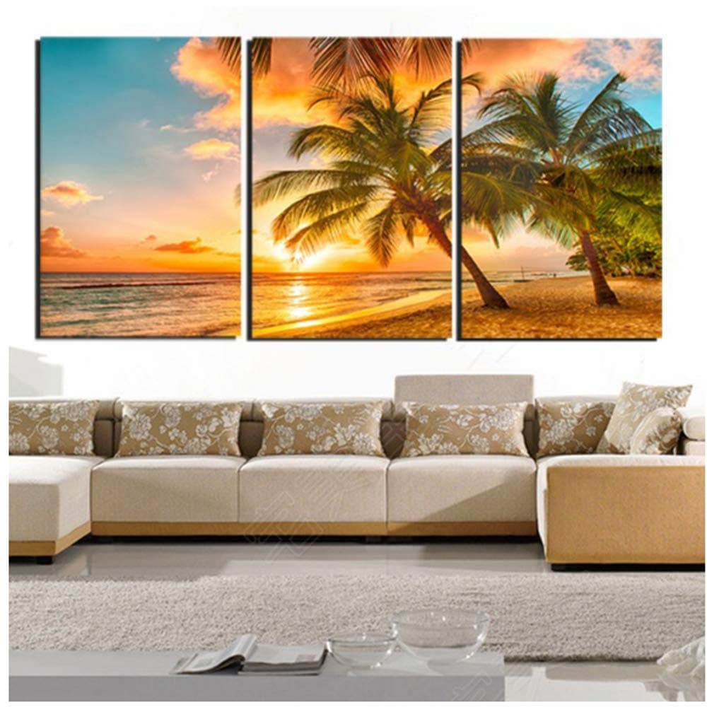 Modern Room Painting 3 Pieces Sunset Beach Coconut Tree Seascape Painting Wall Art Restaurant Home Decor 60x90cm No Frame Tree