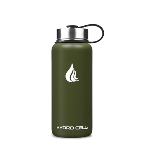 HYDRO CELL Stainless Steel Water Bottle w/Straw & Wide Mouth Lids (40oz 32oz 24oz 18oz) - Keeps Liquids Hot or Cold with Double Wall Vacuum Insulated Sweat Proof Sport Design (Army 32 oz)