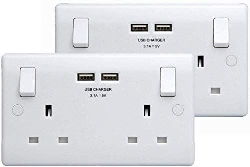 BG Electrical 822U3 Double Socket with 2 X 3.1Amp USB Sockets-30 Year Warranty-2 Pack, White, 4 x 18 x 9.6 cm