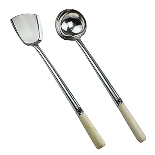 Stainless Steel Chinese Style cookware Utensils Wok ladle & Spatula with Wooden Handle Extra Large