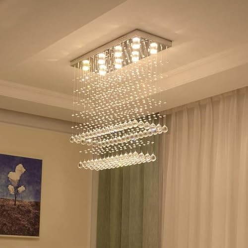 MoooniModern Rectangular Raindrop Crystal Chandelier 8 Light Ceiling Lighting Fixture Pendant Flush Mount Rectangle Chandeliers for Dining Rooms Kitchen Island, Chrome, L 31.5" x W 12" x H 35.5"