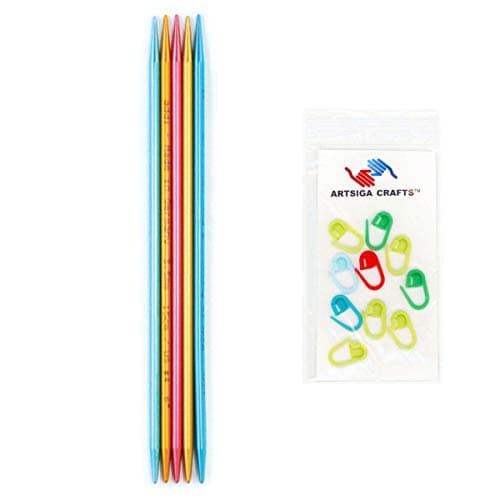 addi Knitting Needles FlipStix Double Pointed Aluminum 8 inch (20cm) (Set of 5) Size US 0 (2.0mm) Bundle with 10 Artsiga Crafts Stitch Markers