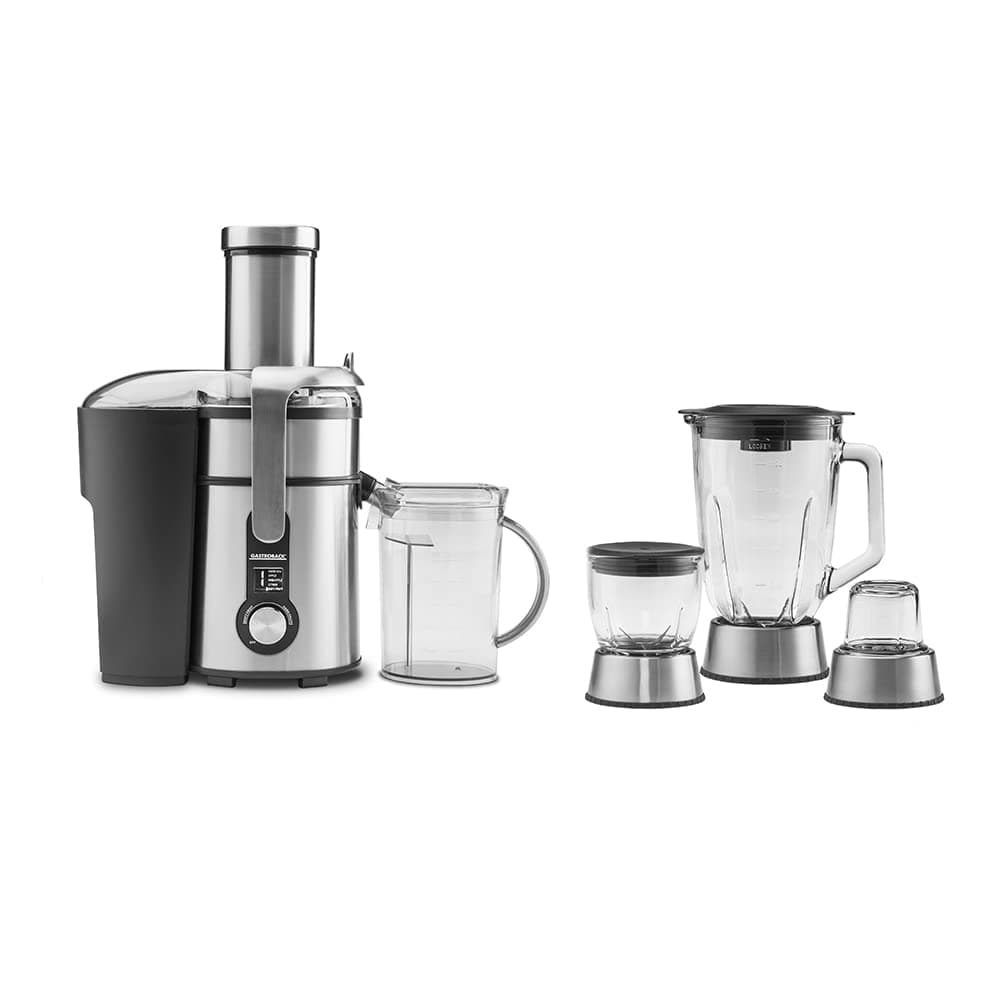 Gastroback 40152 Design Multi Juicer Digital Plus, 1300W, 5 speed settings, 2L pulp container, incl. coffee grinder, chopper and blender attachments