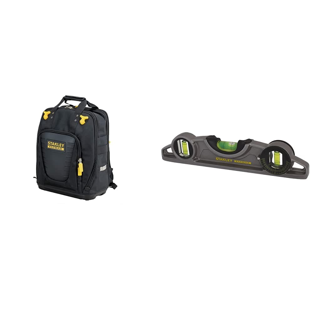 Stanley FatMax Quick Access Premium Backpack & STANLEY FATMAX Xtreme Torpedo Level Heavy Duty Aluminium Body and Magnetic Base Including 3 Reversible Vials 0-43-609
