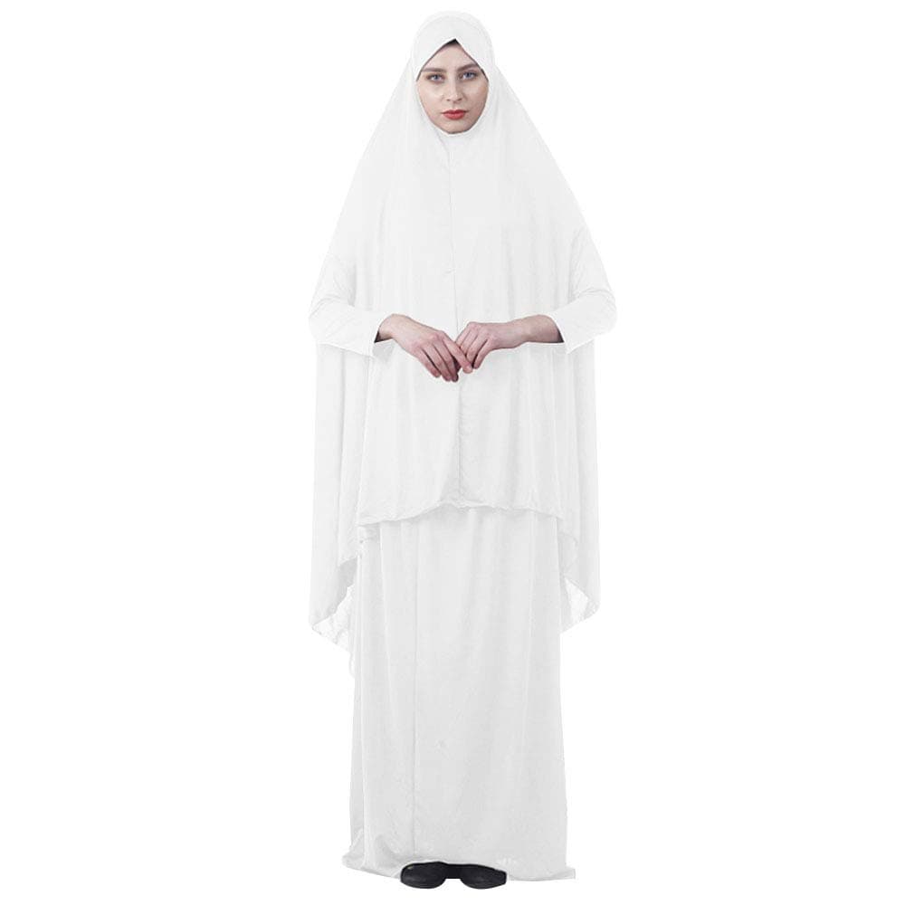 Women's Muslim Prayer Dress Hijab Scarf Islamic Abaya Dress Two-Piece Full Length Dress M White