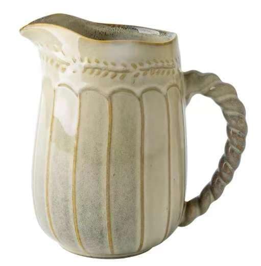 Rustic Ceramic Pitcher Vase, Beige with Twisted Handle, 6.6 Inch, Farmhouse Decor