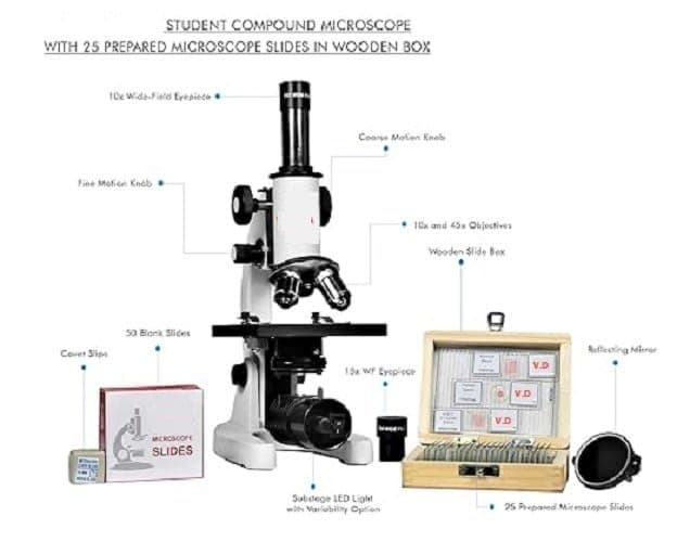 Chemlab Student Compound Biological Microscope with Dual Objective Lenses,LED LAMP,25 Prepared Slides,50 Blank Slides,for School Lab & Home,Microscope Gift for Kids Children Students,40X-1125X Zoom