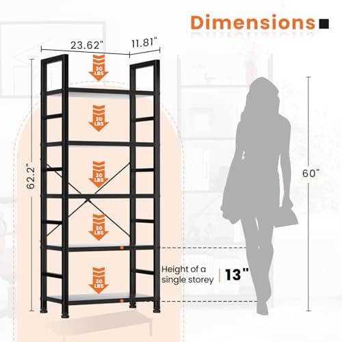Sweetcrispy Book Shelf, 5 Tier Bookcase, Modern Tall Bookshelf for Garage Kit, CDs, Movies, Industrial Corner Storage Organizer for Bedroom Home Office Kitchen Living Room, Black