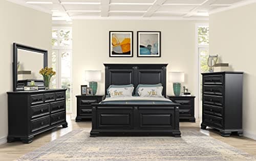 Roundhill Furniture Renova Wood Bedroom Set, Queen Panel Bed, Dresser, Mirror, Two Nightstands, Chest, Vintage Black