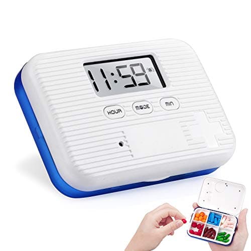 Medication Organizer Pill Reminder Alarm, RIZON 6 Compartments Locking Pill Case Box with Medicine Clock Alarm Reminders for Vitamin/Fish Oil/Supplements/Pills Container,Blue
