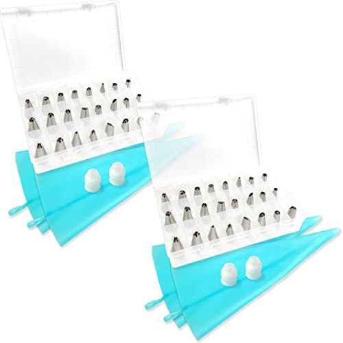 (2 SETS) Kitchen Addiction 28 Piece Cake Decorating Supplies Kit with 24 Icing Tips, 2 Silicone Pastry Bags, 2 Reusable Plastic Couplers Baking Supplies Frosting Tools Set for Cupcakes Cookies (2)