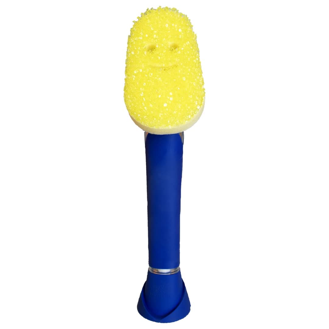 Dish Wand Scrubbing Brush with Handle, Soap Dispensing Dish Brushes, Texture Changing Washing Up Sponges With Liquid Dispenser, Dish Scrubber with Scraper & Detachable Head Sponge, Blue