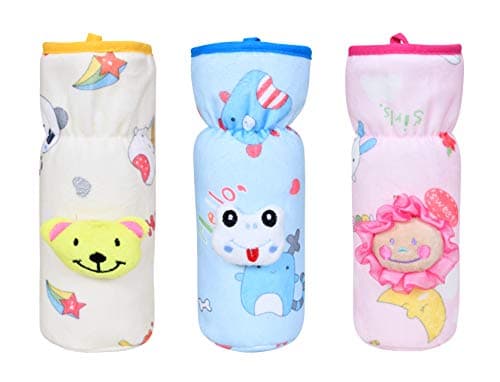 THE LITTLE LOOKERS Soft Plush Stretchable Baby Feeding Bottle Cover with Easy to Hold Strap | Cute Animated Overall Print Pack of 3 (Pink, Yellow & Blue, Narrow Neck 240ml/8OZ)